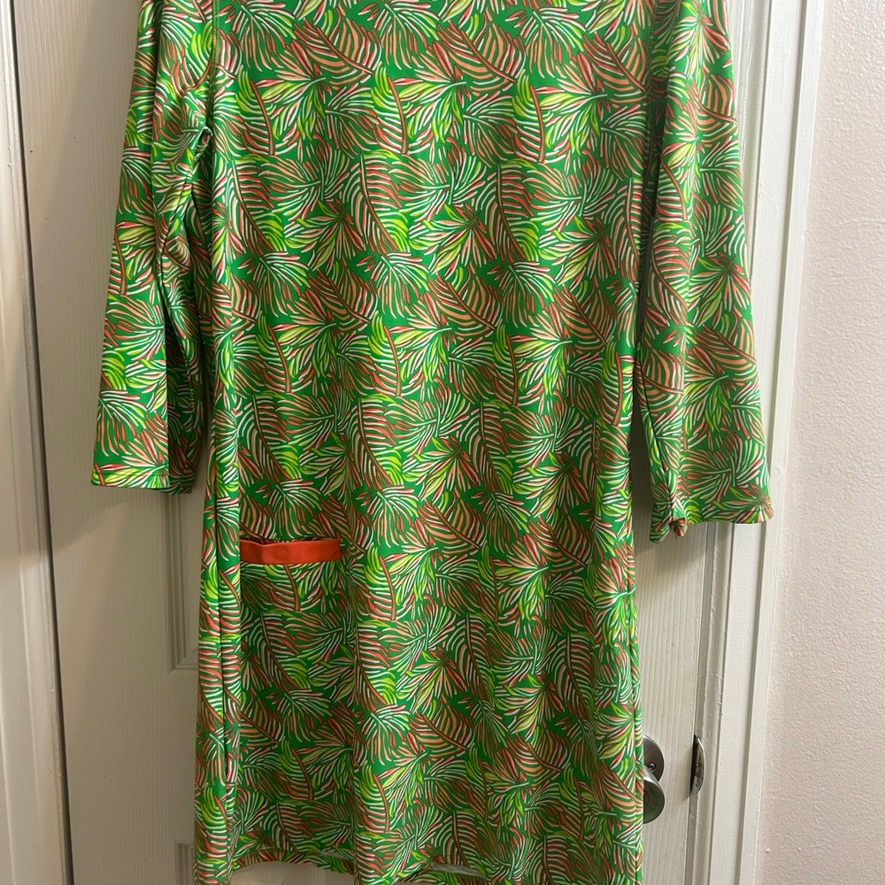 Cabana Life Women’s Swim Beach Sun Green&Coral Dress Long Sleeved - Sz L